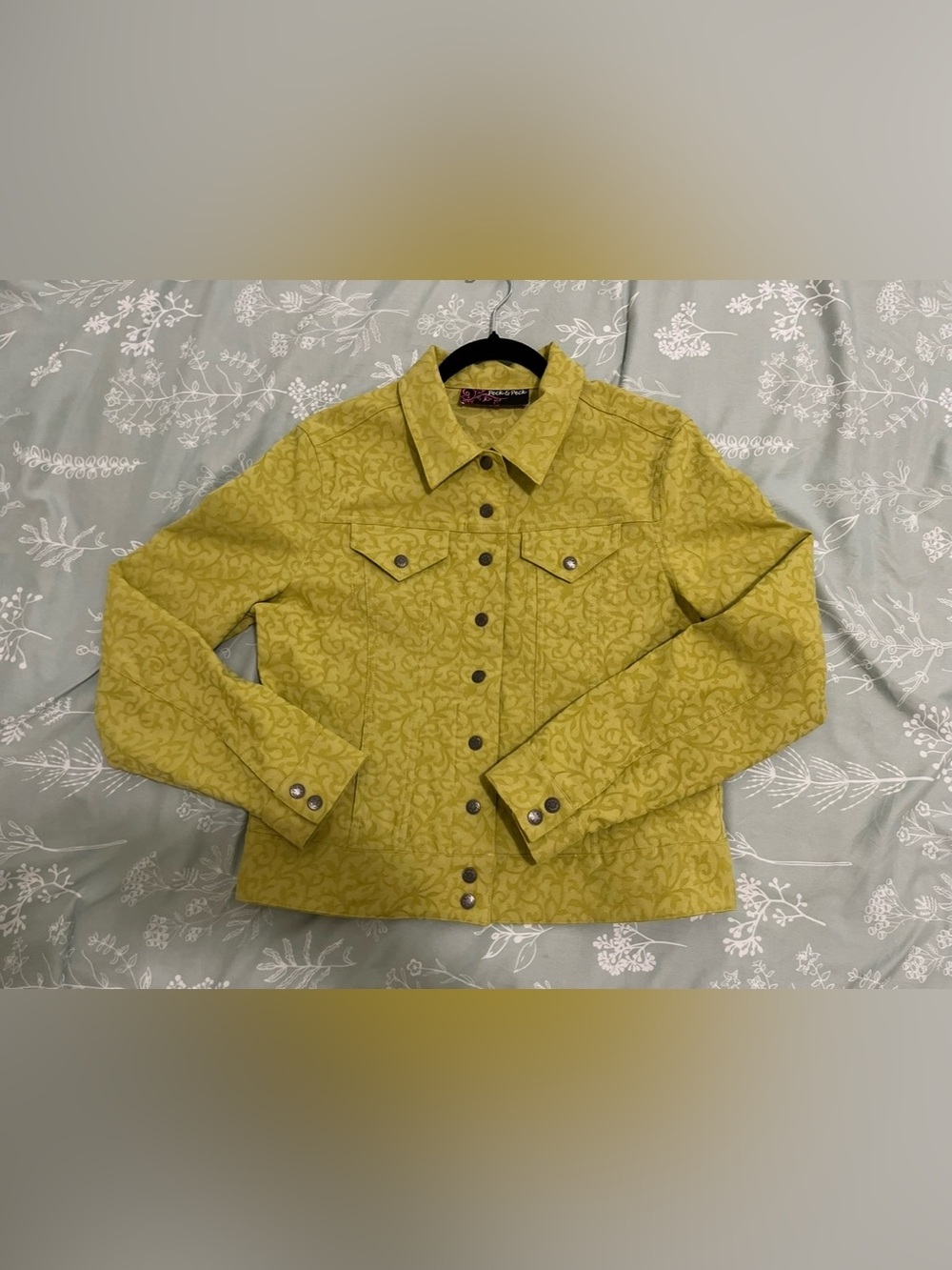 Peck & Peck Chartreuse Green Patterned Trucker Jacket Sz M